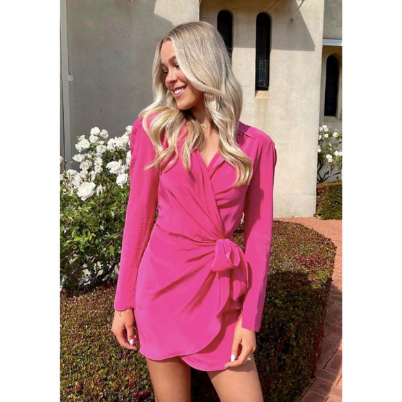Sofia The Label NWT Dua Silk Wrap Dress Hot Pink Long Sleeve Mini - Picture 2 of 8